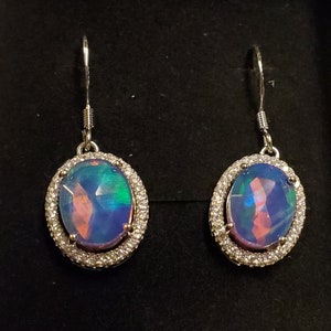 Aurora Opal Halo Earrings, See Video For Gorgeous Flash! 8x10mm Lab Created Opals, 925 Sterling Crystal Halo, Ear Wire Style