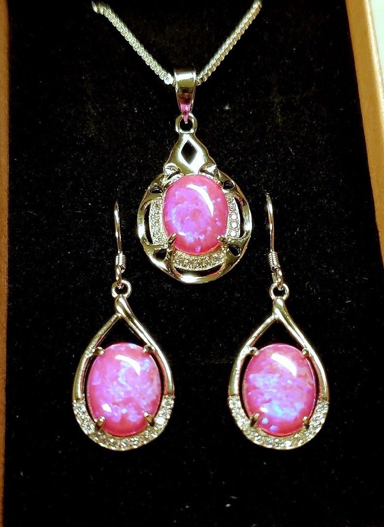 Bright Pink Opal Set Necklace/earrings, See Video! 8x10mm