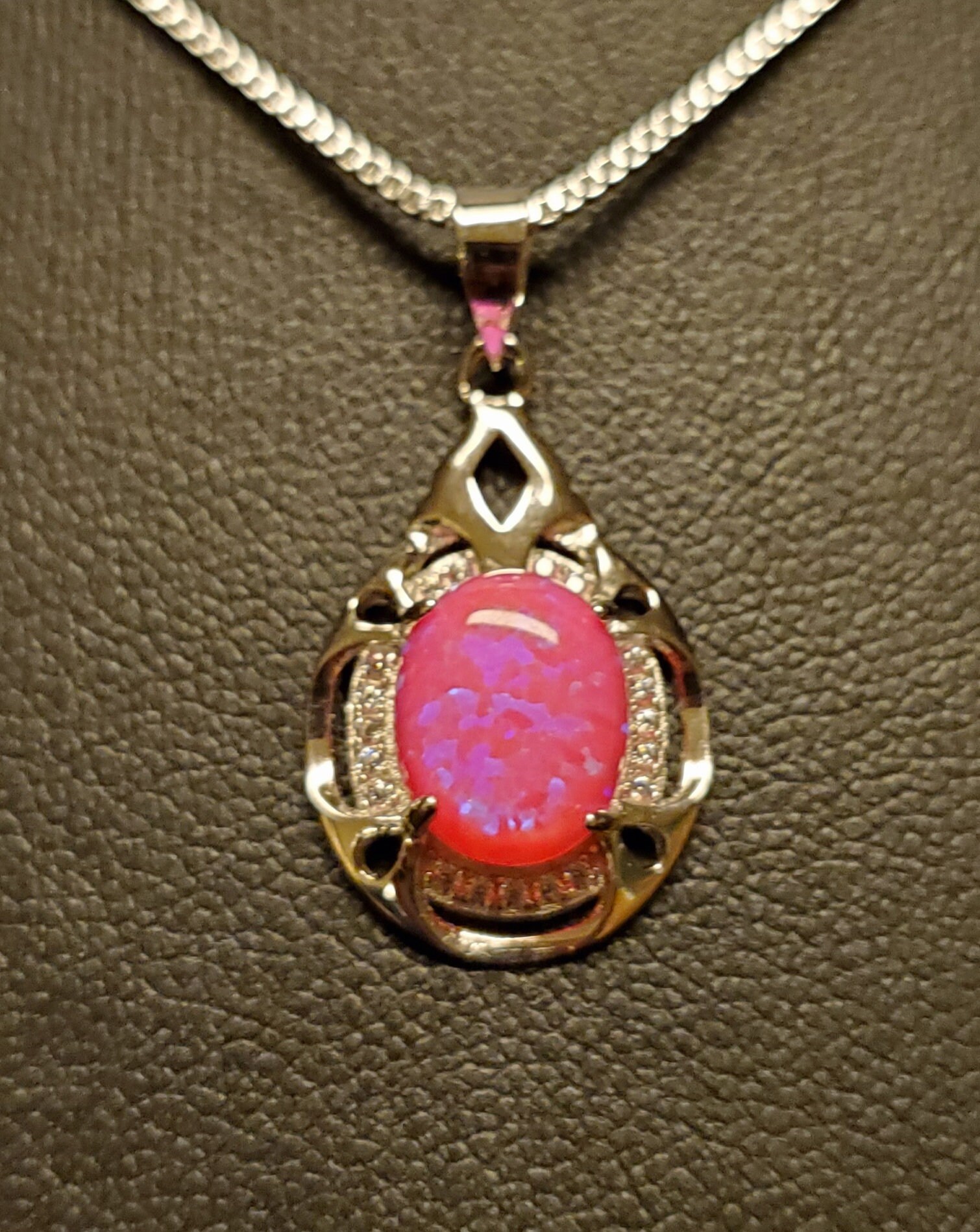 ★ROSEMONT★ Silver Pink Opal Earrings Necklace Set La Vie E Bright Pink Opal Set Necklace/earrings, See Video! 8x10mm