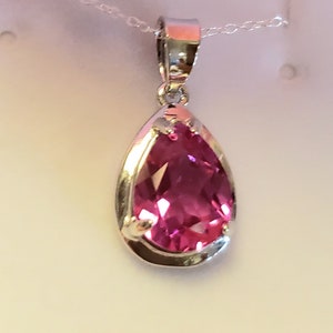 Bright  Pink Tourmaline Pear Necklace, See Video! 7x10mm Lab Grown Gem,Dainty 925 Sterling Silver Pendant w/Sterling Chain, Velvet Shell Box