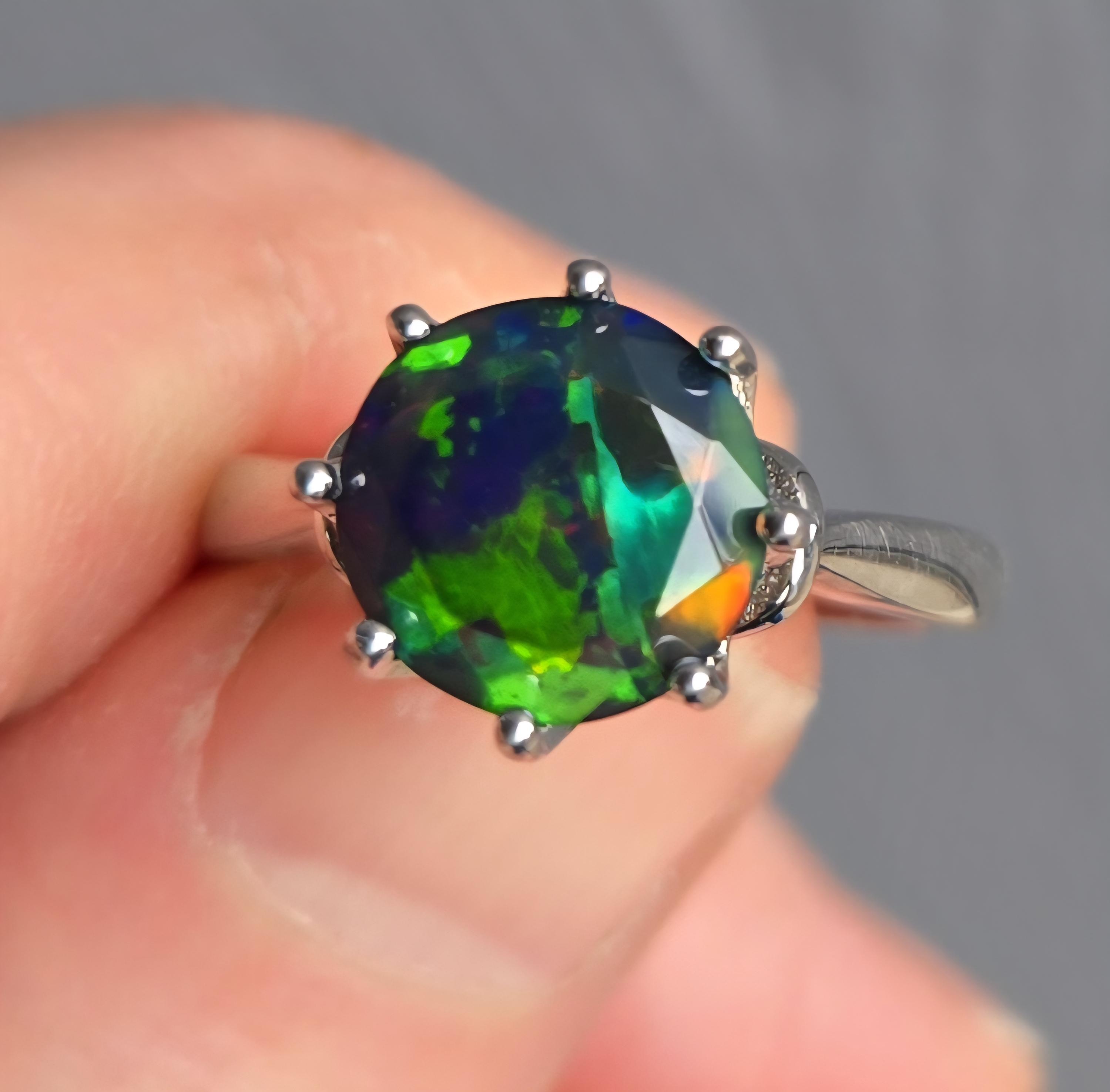 Real Black Opal Ring, 2 Ct 10mm Round Faceted Ethiopian Opal. See Video ...