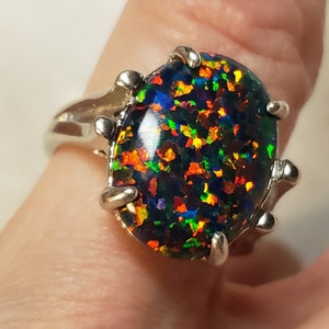 Big Black Opal Ring, See Multicolored Fire On Video! 12x16mm Lab Created Opal, 925 Sterling Statement Ring