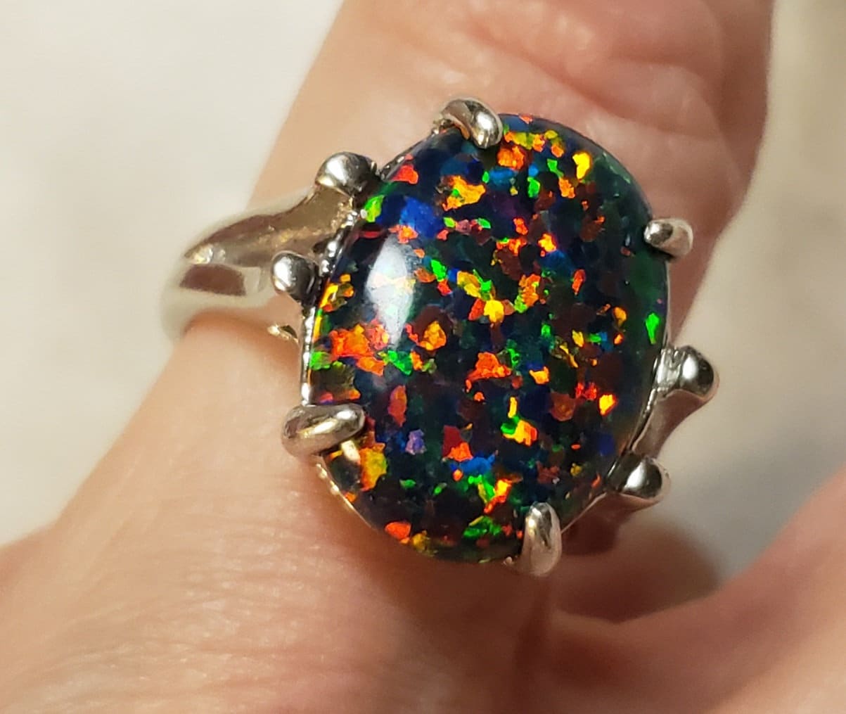 Big Black Opal Ring See Multicolored Fire On Video 12x16mm Lab Created Opal 925 Sterling Statement Ring Etsy