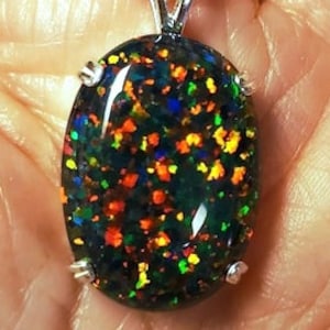 Huge Black Opal Necklace, See Multicolor Fire On Video! 18x25mm Lab Created Opal, Choice Of 925 Sterling Pendant, 20" Sterling Chain