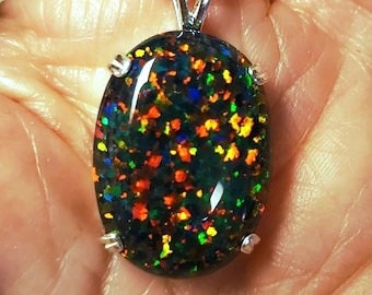 Huge Black Opal Necklace, See Multicolor Fire On Video! 18x25mm Lab Created Opal, Choice Of 925 Sterling Pendant, 20" Sterling Chain