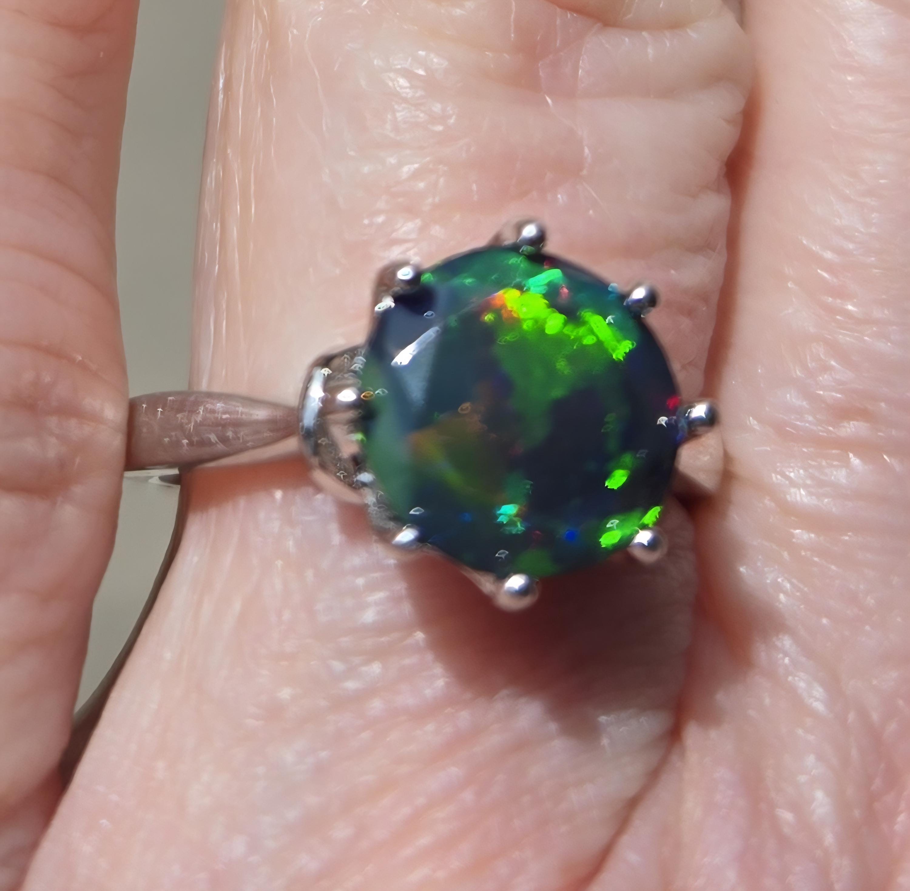 Real Black Opal Ring, 2 Ct 10mm Round Faceted Ethiopian Opal. See Video ...