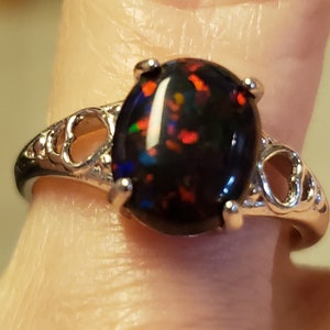 Black Opal Heart Ring, See Video For Cherry Fire! Favorite 8x10mm Lab Created Opal, 925 Sterling Heart Design Ring, Adjustable Size 5-8