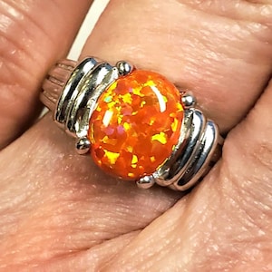 Orange Fire Opal Ring, See Fire On Video! Favorite 8x10mm Lab Created Opal, Sturdy 925 Sterling Silver Ring, Velvet Box