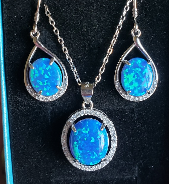 Sterling Silver CZ and Created Opal Halo Pendant and Earring Set Sterling Silver CZ and Created Opal Halo Pendant and Earring Set
