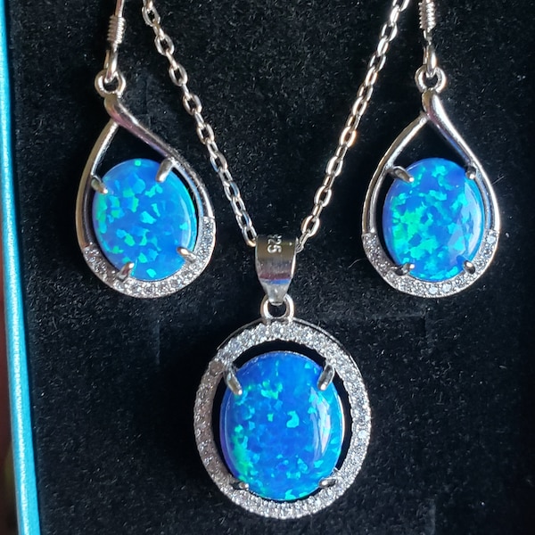 Blue Opal Necklace/Earring Set, Lovely Blue Lab Created Opals 10x12mm/8×10mm, 925 Sterling Silver With CZ Halo Accents, Sterling Chain