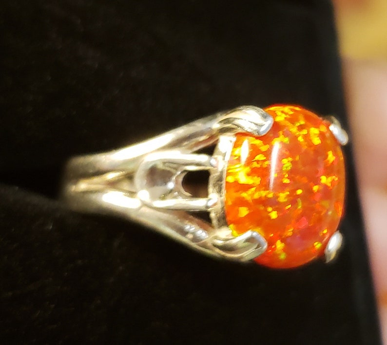Orange Fire Opal Unisex/ Men's Ring, See Video For Fire! Big 10x12mm Lab Created Opal, 925 Sterling Silver Ring, Sizes in Dropdown image 5