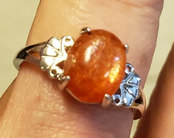 Natural Orange Sunstone Ring, See Orange Shimmer In Video! 8x10mm Stone, 925 Sterling Silver Crescent Design Ring, Size 6, 7, 8