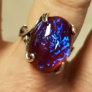 Huge Dragon&#39;s Breath Vine Ring,See Video, Purple& Blue Smooth Vintage German Glass 13x18mm, Sterling Silver Vine Ring, Adjustable Size 6-9.5