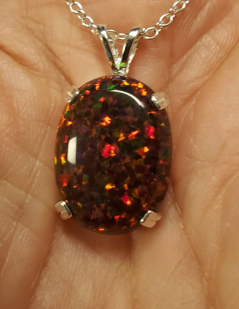 Large Black Cherry Opal Necklace, Must See Cherry Fire On Video 15x20mm Lab Created Opal, Unisex 925 Sterling Pendant, 18 Sterling Chain image 2