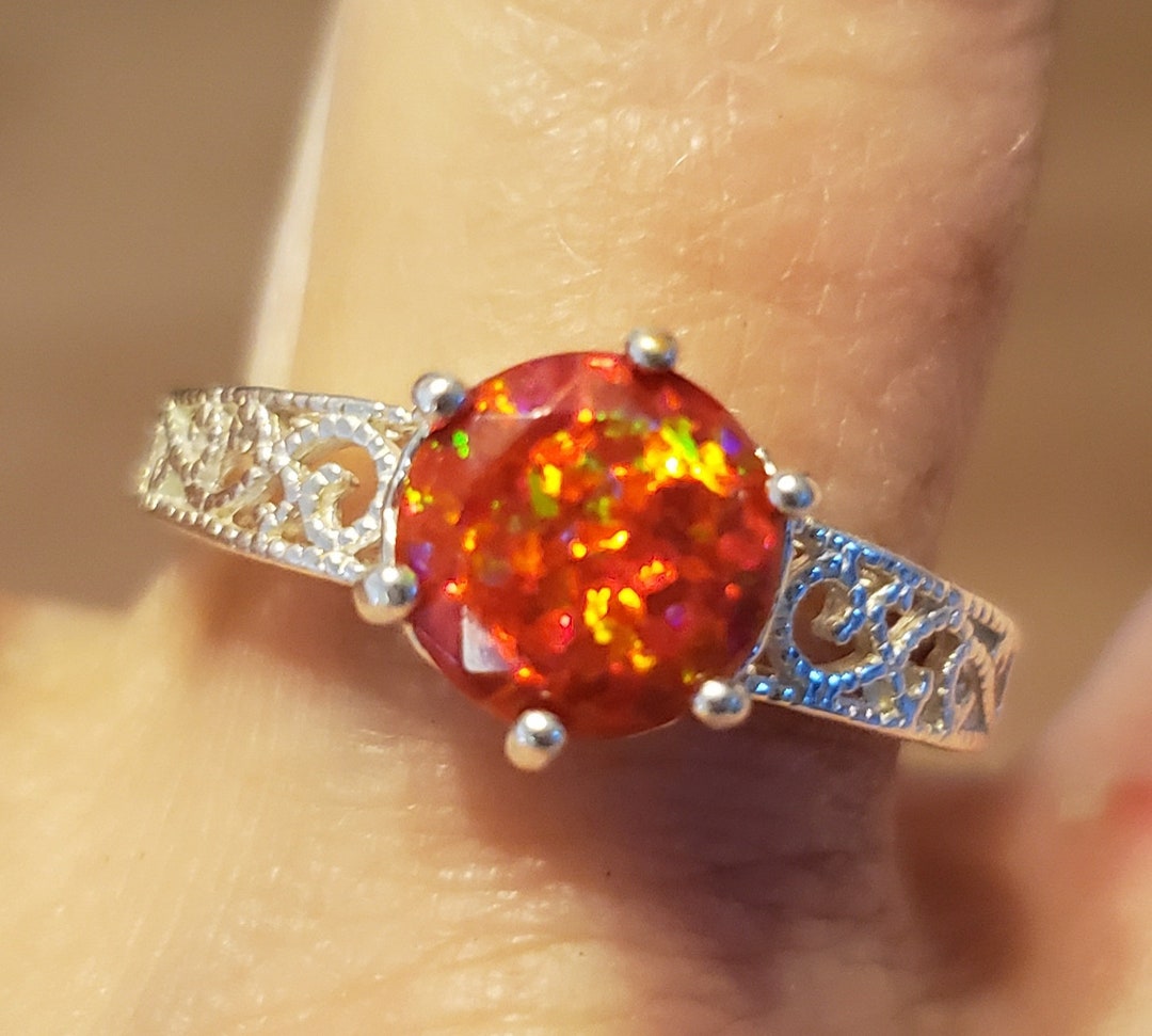 Red Round Fire Opal Ring, See Video Bright Red Lab Opal Full of Fire