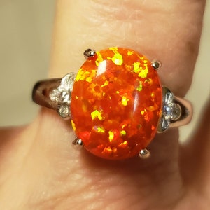 Orange Fire Opal Ring, 10x12mm Lab Created Opal w/Gorgeous Flash! 925 Sterling Ring. Adjustable Size 5-8.5