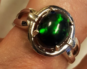 Real Black Opal Ring, See Pretty Green Flash On Video! 8x10mm Ethiopian Opal, 925 Sterling Oval Design Ring, Size 8