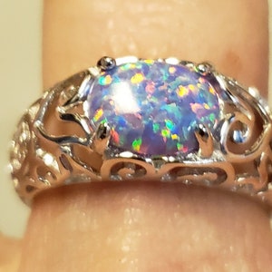 Lavender Fire Opal Ring, See Video! Multicolor Flash Lab Opal 9x7mm, Pretty 925 Sterling Silver Filigree Ring, Multiple Sizes