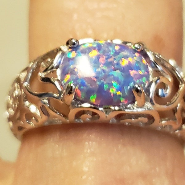 Lavender Fire Opal Ring, See Video! Multicolor Flash Lab Opal 9x7mm, Pretty 925 Sterling Silver Filigree Ring, Multiple Sizes