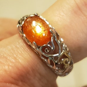 Natural Orange Sunstone Filigree Ring, See Pretty Shimmer On Video! 9x7mm Stone, 925 Sterling Silver Filigree Ring