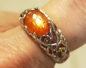 Natural Orange Sunstone Filigree Ring, See Pretty Shimmer On Video! 9x7mm Stone, 925 Sterling Silver Filigree Ring