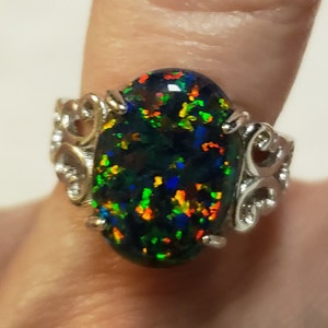 Big Black Opal Ring, See Multicolored Fire On Video! 10x14mm Lab Created Opal, 925 Sterling Victorian Style Ring, Adjustable Size 5.5-9.5