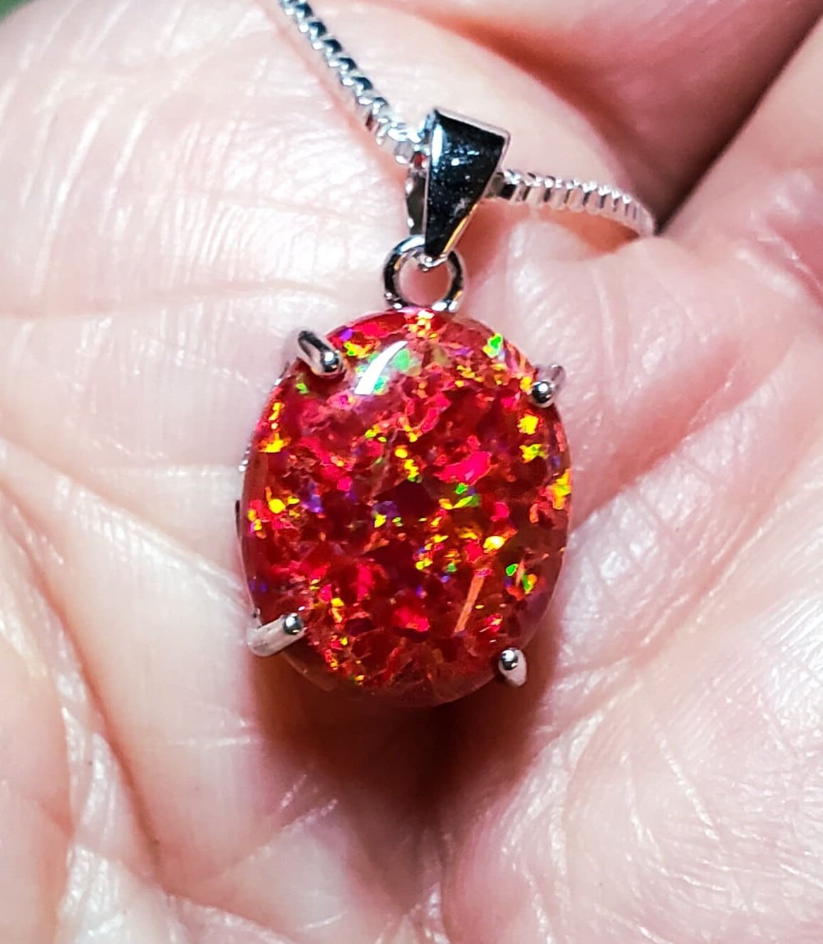 Red Fire Opal Necklace, See Video for Firey Flash! 10x12mm Lab