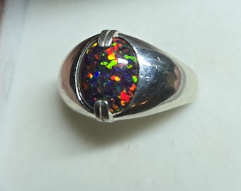 Black Opal Unisex/Men's Ring, See Video For Multicolored Fire! 8x10mm Lab Created Opal, Sleek 925 Sterling Silver Ring