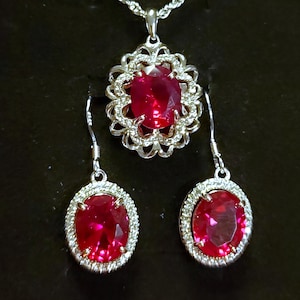 Deep Red Ruby Necklace/Earring Set, See Video! 8x10mm Simulated Rubies, 925 Sterling Ribbon Pendant, CZ Trim, 18" Sterling Chain, Ear Wires