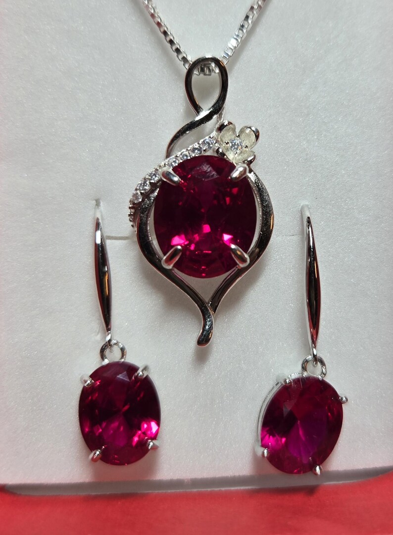 Deep Red Ruby Necklace/Earring Set, See Video! 10x12mm/8x10mm Lab Grown Gems, 925 Sterling Settings, 18" Chain, Choice Of Ear Wire Styles image 8
