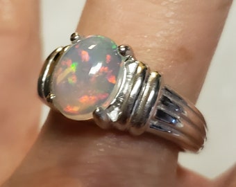 Natural Opal Ring, Colorful Fire, See Video! 8x10mm Ethiopian Opal, Sturdy Unisex 925 Sterling Silver Ring, Size 8