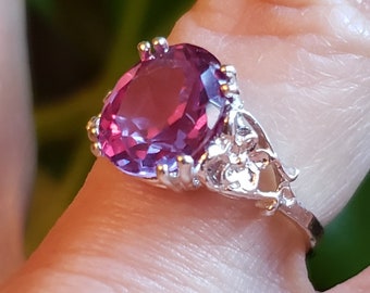 Alexandrite Floral Ring, See Video!. Purple-Pink, Simulated Stone 8x10mm. 925 Sterling Floral Heart Design Ring.