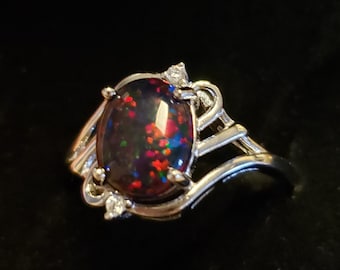 Black Opal Ring, See Video! Cherry Fire Lab Created Opal 8x10mm, 925 Sterling Silver Artistic Design Ring With 2-CZ Accent Stones