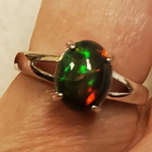 Real Black Fire Opal Ring, See Red & Green Fire On Video! 9x7mm Ethiopian Opal, 925 Sterling Split Shank Ring