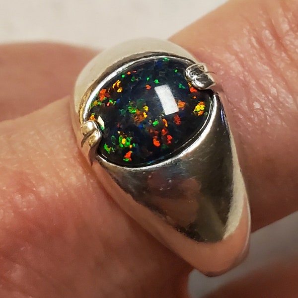 Black Opal Unisex/Men's Ring, See Video For Multicolored Fire! 8x10mm Lab Created Opal, Sleek 925 Sterling Silver Ring