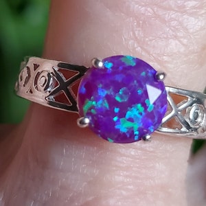 Deep Lavender Opal Filigree Ring, 8mm Faceted Blue Flash Lab Created Opal, 925 Sterling Filigree Ring