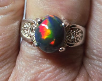 Real Black Opal Ring, 1.6 Ct Ethiopian Opal, Smoked, See Video! 925 Sterling Filigree Band, Size 7.75. Velvet Ring Box