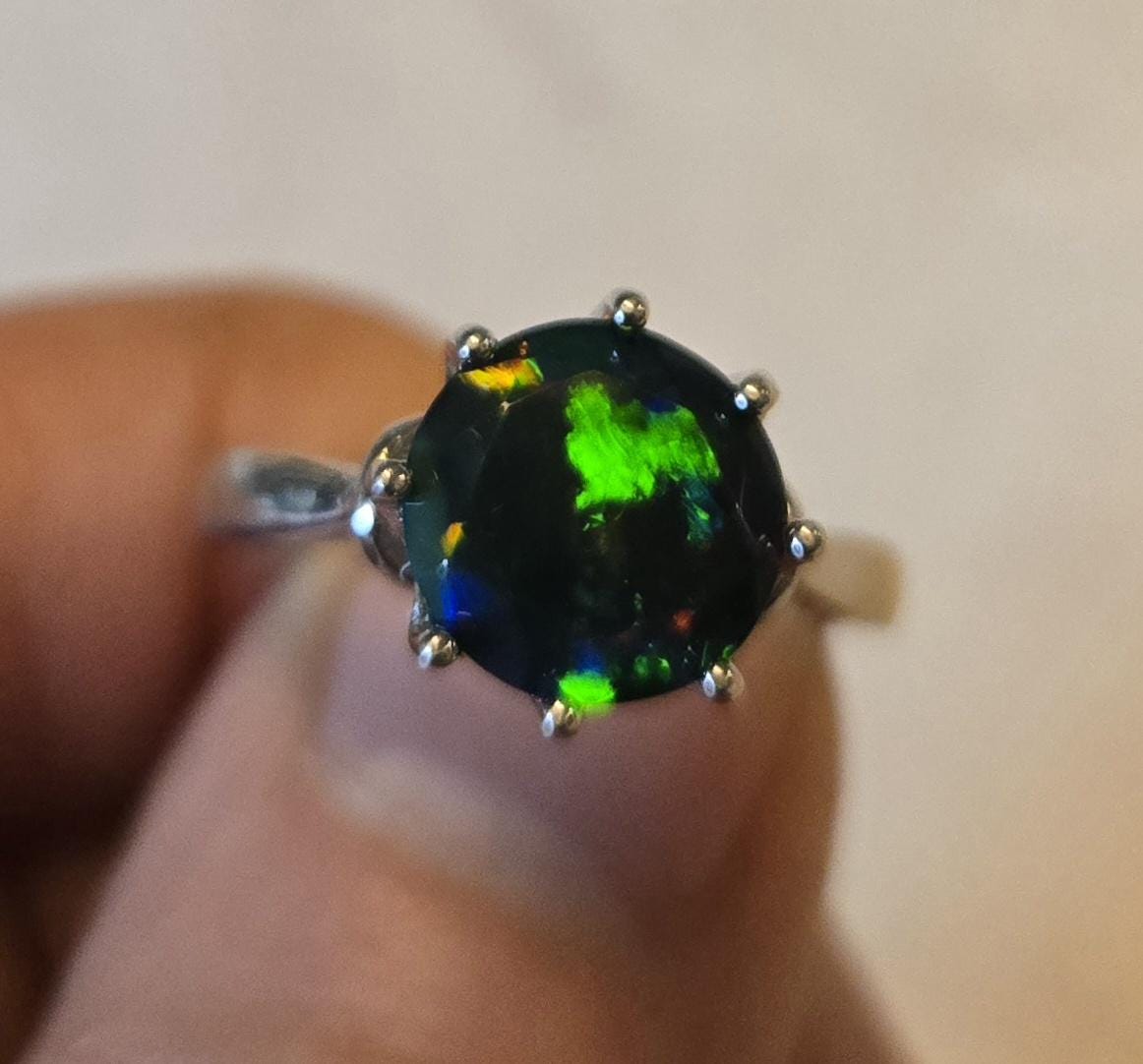 Real Black Opal Ring, 2 Ct 10mm Round Faceted Ethiopian Opal. See Video ...