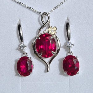 Deep Red Ruby Necklace/Earring Set, See Video! 10x12mm/8x10mm Lab Grown Gems, 925 Sterling Settings, 18" Chain, Choice Of Ear Wire Styles image 11