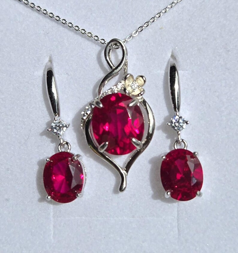Deep Red Ruby Necklace/Earring Set, See Video! 10x12mm/8x10mm Lab Grown Gems, 925 Sterling Settings, 18" Chain, Choice Of Ear Wire Styles image 11