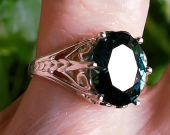 Alexandrite Color-Change Vintage Style Ring, Watch Video For Colors! 8x10mm 3.6 Ct Synthetic Gem, 925 Sterling Silver Vintage Style Ring