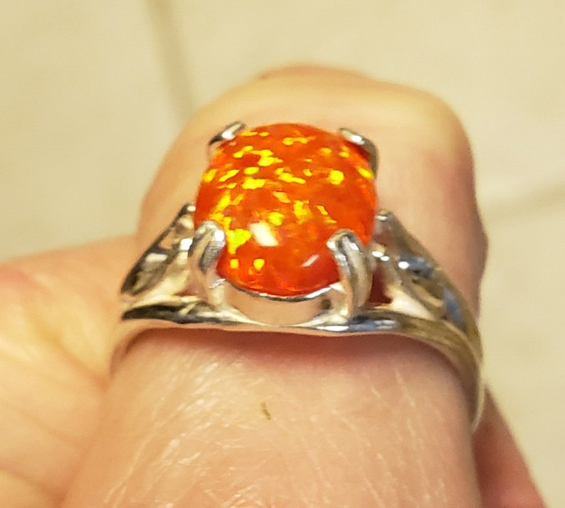 Orange Fire Opal Unisex/ Men's Ring, See Video For Fire! Big 10x12mm Lab Created Opal, 925 Sterling Silver Ring, Sizes in Dropdown image 7