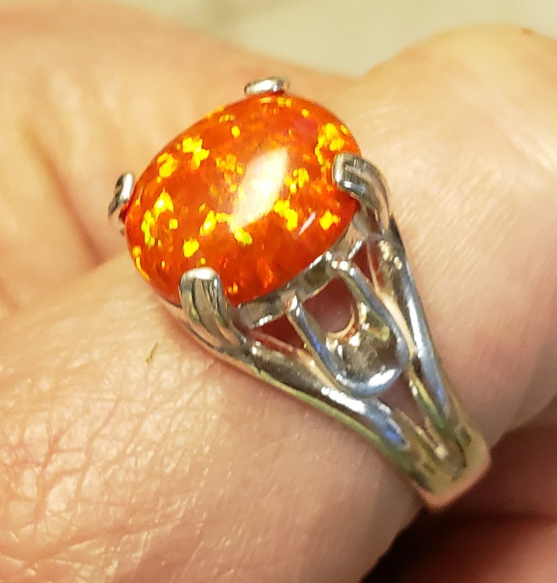 Orange Fire Opal Unisex/ Men's Ring, See Video For Fire! Big 10x12mm Lab Created Opal, 925 Sterling Silver Ring, Sizes in Dropdown image 2