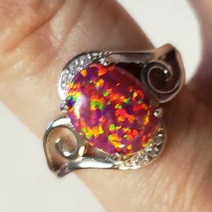 Scarlet-Magenta Fire Opal Ring, See Video! Gorgeous Lab Created Opal 8x10mm, 925 Sterling Swirl w/Crystal Trim, Adjustable Size 5-8.5