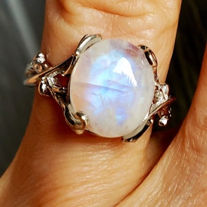 Natural Moonstone Vine Design Ring, See Blue Flash On Video! 10x12mm Stone, 925 Sterling Vine Ring, Adjustable Size 5-8.5