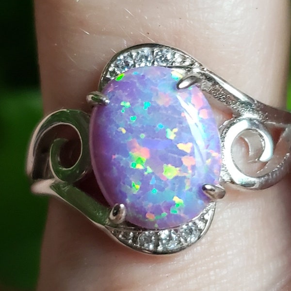Lavender Purple Opal Ring, See Video! Favorite 8x10mm Lab Created Opal, 925 Sterling Swirl Crystal Accented Ring,Adjustable Size 5-8.5