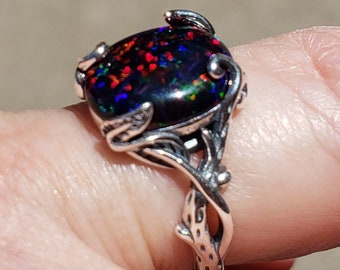 Black Cherry Opal Ring, See Video For Red Fire! 10x12mm Lab Created Synthetic Opal, Favorite Sterling Vine Ring, Adjustable Size 5-8.5