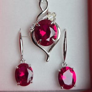 Deep Red Ruby Necklace/Earring Set, See Video! 10x12mm/8x10mm Lab Grown Gems, 925 Sterling Settings, 18" Chain, Choice Of Ear Wire Styles image 5