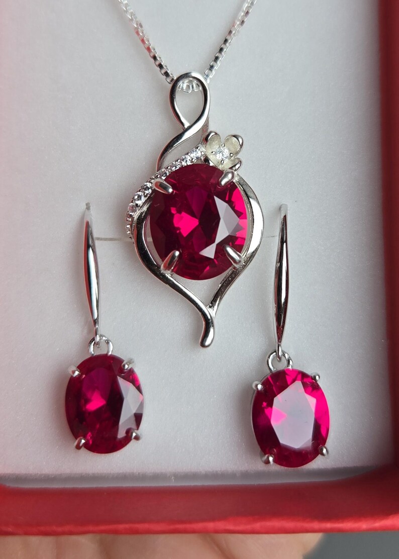 Deep Red Ruby Necklace/Earring Set, See Video! 10x12mm/8x10mm Lab Grown Gems, 925 Sterling Settings, 18" Chain, Choice Of Ear Wire Styles image 5