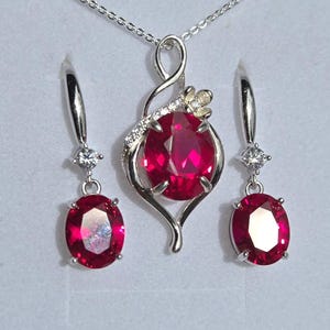 Deep Red Ruby Necklace/Earring Set, See Video! 10x12mm/8x10mm Lab Grown Gems, 925 Sterling Settings, 18" Chain, Choice Of Ear Wire Styles image 10